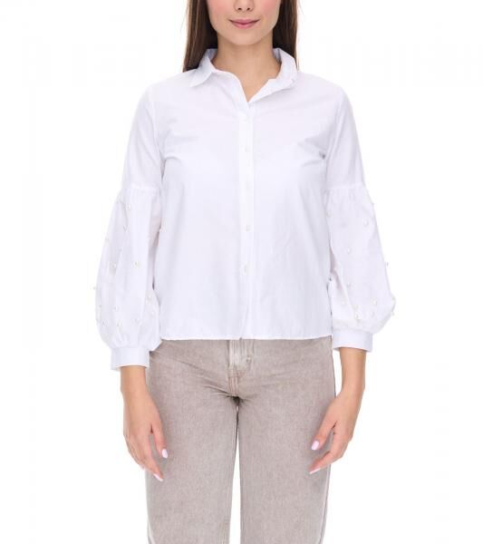 COURSE Damen Sommer-Bluse mit Perlen Langarm-Shirt 901879 Wei&szlig;
