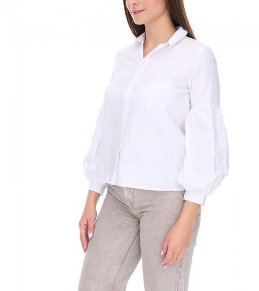 COURSE Damen Sommer-Bluse mit Perlen Langarm-Shirt 901879 Wei&szlig;