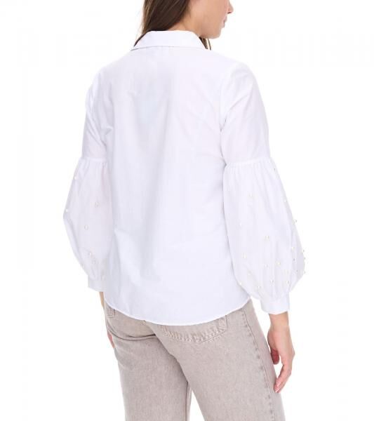 COURSE Damen Sommer-Bluse mit Perlen Langarm-Shirt 901879 Wei&szlig;