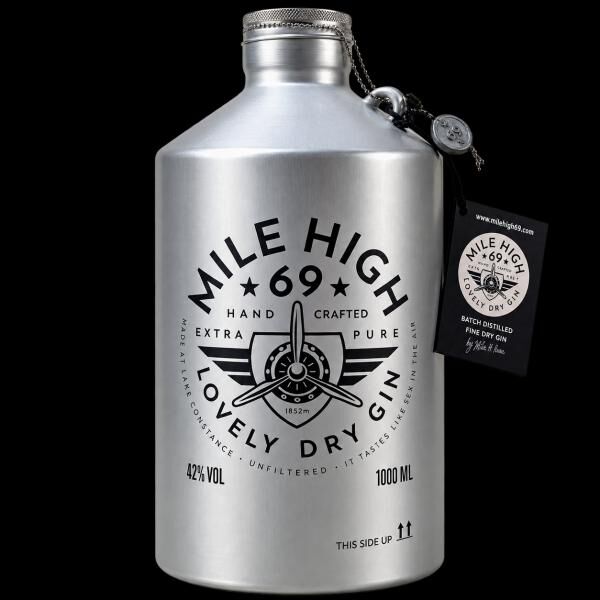 UVP 85,00 € – MILE HIGH 69 Premium Bio Gin 1L, 42% vol., Aluminiumflasche – Sonderposten