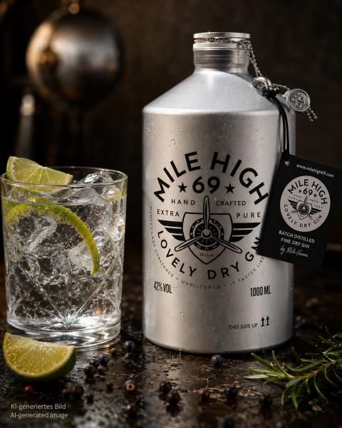 UVP 85,00 € – MILE HIGH 69 Premium Bio Gin 1L, 42% vol., Aluminiumflasche – Sonderposten