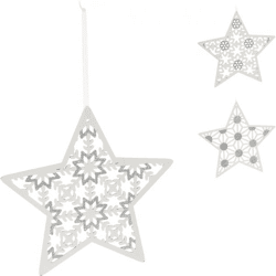 Kersthanger Ster hout wit glitter 22 cm 3 assorti