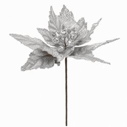 Kunstblume Weihnachtsstern, silberfarben mit Glitzer, 50 cm