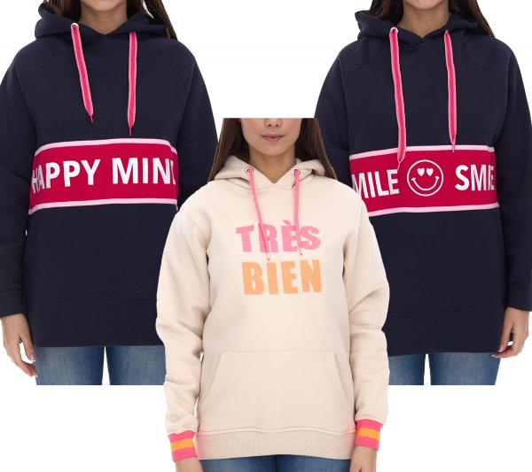 ZWILLINGSHERZ Hoodie Damen Kapuzen-Pullover mit Statement Print Baumwoll-Sweater Dunkelblau oder Beige