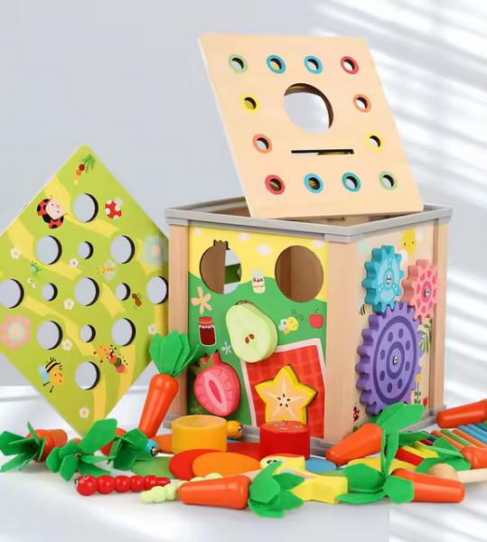 Aktivitätswürfel aus Holz - Lernspielzeug mit Uhr und Xylophon