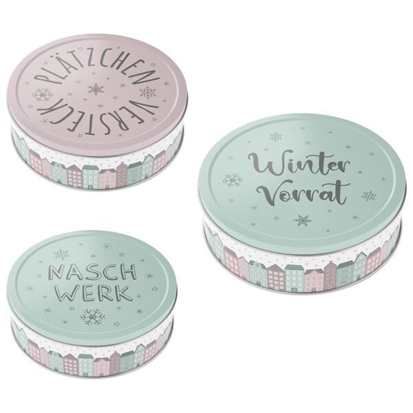 Geb&auml;ckdose Winter Dorf 3er Set rund 