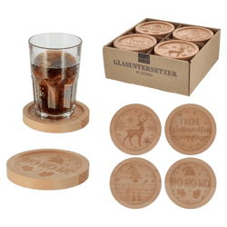 Wooden Christmas Glass Coasters, set of 4, approx. 11.5 cm in diameter