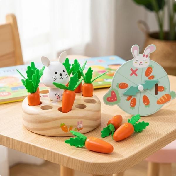 Wooden Carrot Harvest Game with Bunnies Wooden Toy