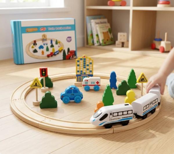 Holzeisenbahn Set mit Zug - Schienen und Zubehör