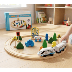 Holzeisenbahn Set mit Zug - Schienen und Zubehör
