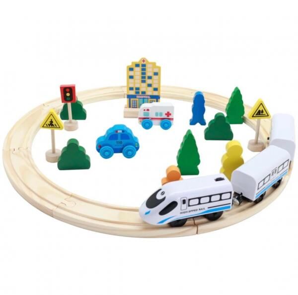 Holzeisenbahn Set mit Zug - Schienen und Zubehör