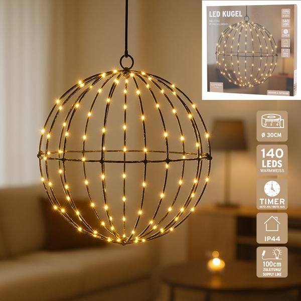 LED Kugel, schwarz, 140LEDs, 30cmD