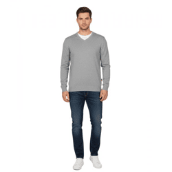 Stylischer Herren Strick-Pullover mit V-Ausschnitt Premium-Baumwolle 143-015 Grau
