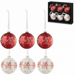 J-Line Glas-Weihnachtskugeln „Schneeflocke“ weiß/rot, 8,5 cm, 6er-Set