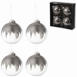 J-Line Weihnachtskugeln aus Glas, Glitzer, grau, 12 cm, 4er-Set