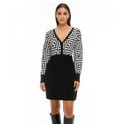 Damen Strick-Kleid mit graphischem Muster Mini-Kleid mit langen Ärmeln 976171 Schwarz/Weiß