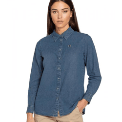 DELMAO Damen Jeans-Bluse Baumwoll-Hemd mit durchgehender Knopfleiste 99855860 Blau