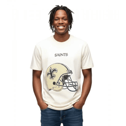 RE:COVERED X NFL New Orleans Saints Herren T-Shirt mit Logo-Schriftzug Baumwoll-Shirt Rundhals-Shirt MMNFL1194 Beige