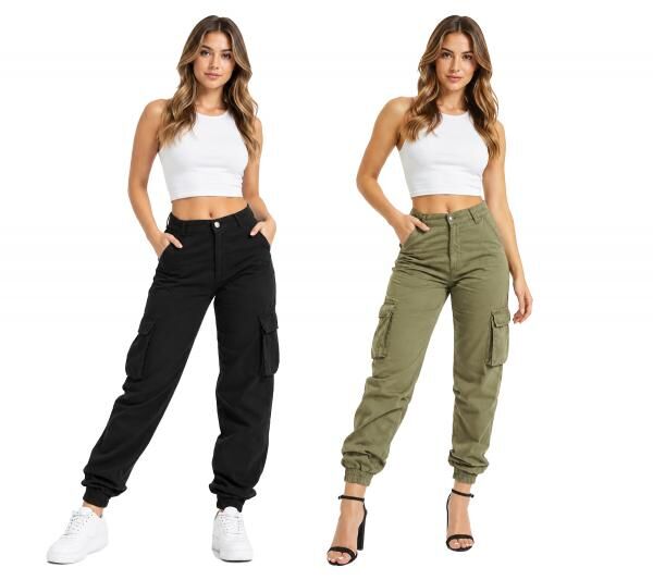 stylische DEF Damen Cargo-Hose mit Cargo-Taschen Baumwoll-Hose DFLCP012 in Schwarz und Khaki