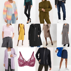 2.10 € each. Assorted stock clothing, Category A, 90% women's, 10% men's, new items from a German catalog, minimum order of 20 pallets