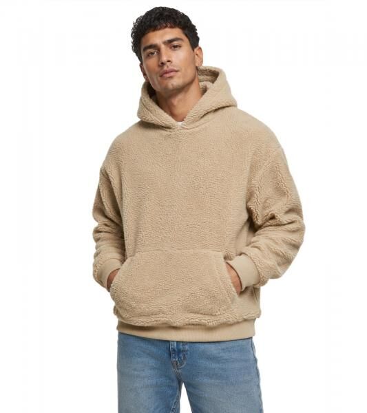 Kuscheliger URBAN CLASSICS Herren Teddyfleece Hoodie Flauschiger Kapuzenpullover mit K&auml;ngurutasche Beige 