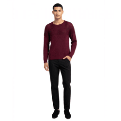 Modern, comfortable men's fine-knit sweater with a textured chest panel and a stylish look 6250 Wine Red