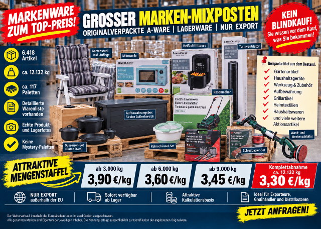 Handels-Marken-Mixposten | PARKSIDE SILVERCREST LIVARNO | 6.418 Stk. | Lagerware | nur Export