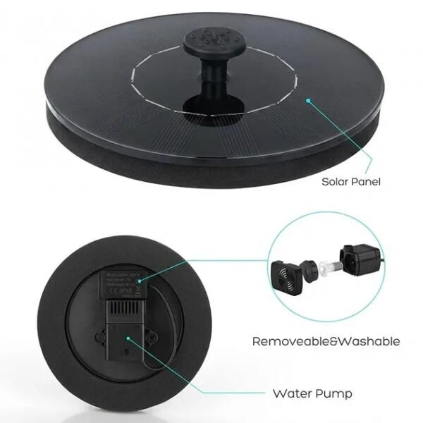 SunStream 1W Solar-Wasserspringbrunnen | Kabelloser schwimmender Springbrunnen für Vogelbäder und Teiche mit Düsen