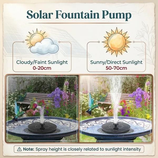 SunStream 1W Solar-Wasserspringbrunnen | Kabelloser schwimmender Springbrunnen für Vogelbäder und Teiche mit Düsen