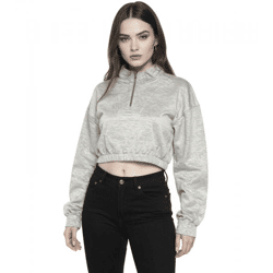 ZEGY Damen Crop-Pullover Half Zip Langarm-Shirt Baumwoll-Pulli Cropped 1073 Grau