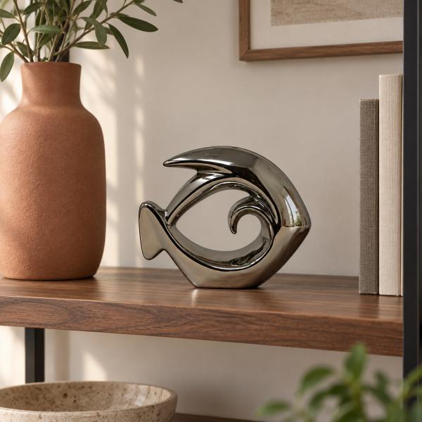 Deko-Fisch aus Keramik Silber stilisiert ca. 18 × 5,5 × 15 cm