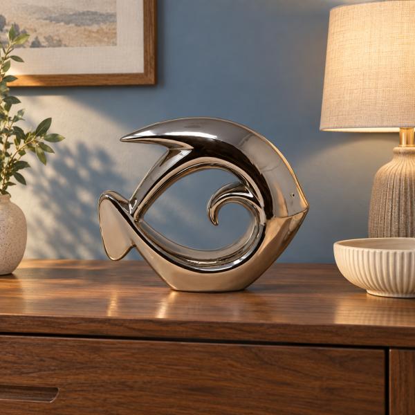 Deko-Fisch aus Keramik Silber stilisiert ca. 25 × 7 × 21 cm