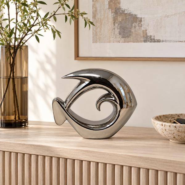 Deko-Fisch aus Keramik Silber stilisiert ca. 25 × 7 × 21 cm