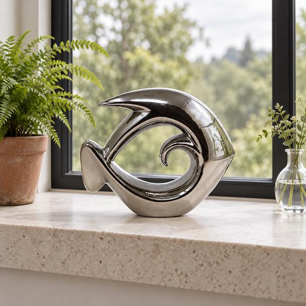 Deko-Fisch aus Keramik Silber stilisiert ca. 25 × 7 × 21 cm