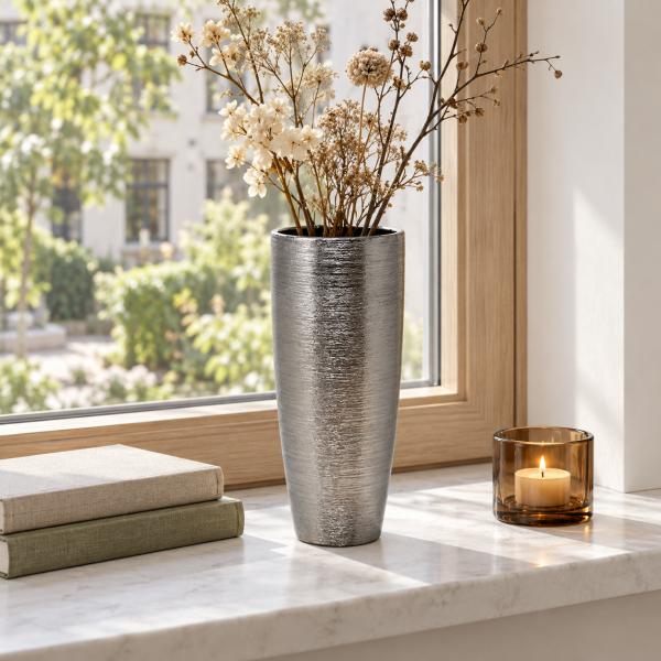 Keramik-Vase Silber breit ca. 13,5 × 13,5 × 27,5 cm
