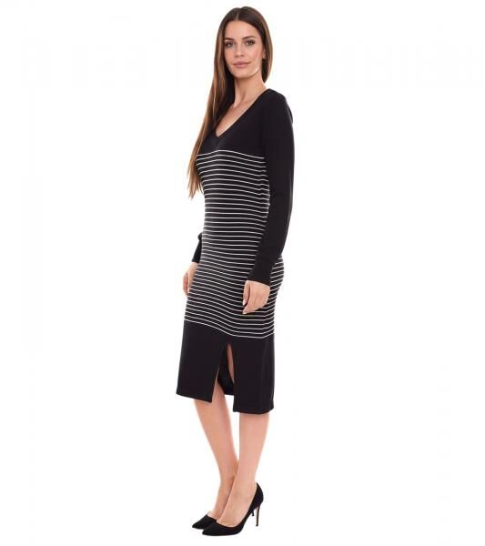 AjC Damen Pullover-Kleid gestreift Midi-Kleid Strick-Kleid 52490724 Schwarz