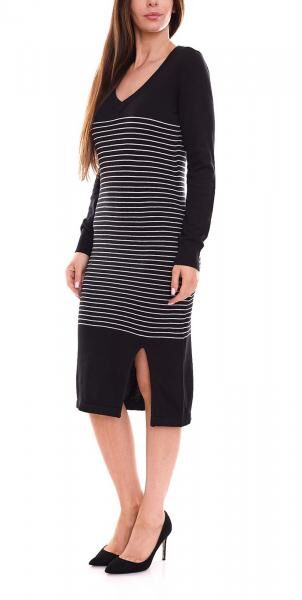 AjC Damen Pullover-Kleid gestreift Midi-Kleid Strick-Kleid 52490724 Schwarz