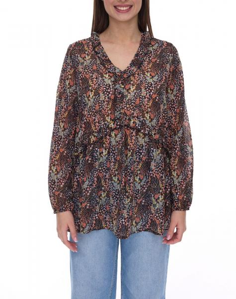 Aniston Damen Sommer-Bluse mit R&uuml;schen-Details Langarm-Shirt mit Allover-Print Arbeits-Bluse 88608001 Braun/Gr&uuml;n/Schwarz