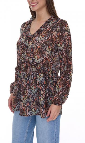 Aniston Damen Sommer-Bluse mit R&uuml;schen-Details Langarm-Shirt mit Allover-Print Arbeits-Bluse 88608001 Braun/Gr&uuml;n/Schwarz