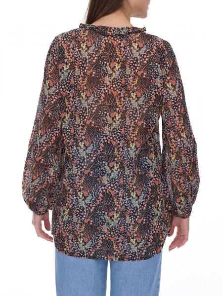 Aniston Damen Sommer-Bluse mit R&uuml;schen-Details Langarm-Shirt mit Allover-Print Arbeits-Bluse 88608001 Braun/Gr&uuml;n/Schwarz