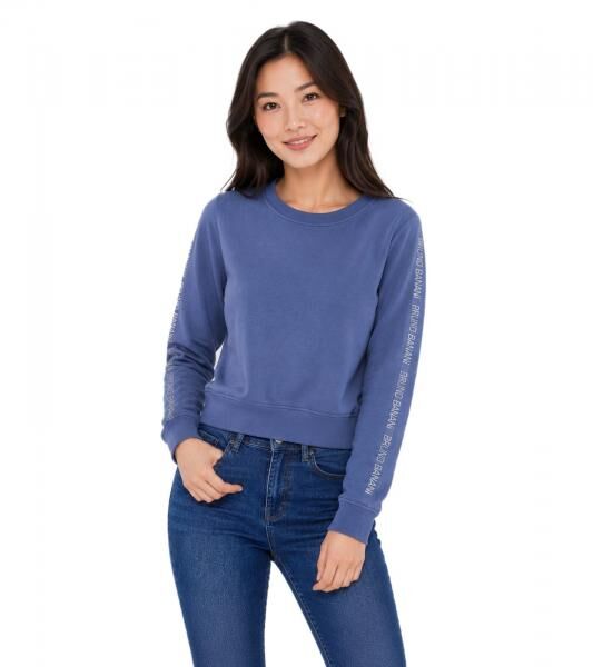 bruno banani Damen Rundhals-Pullover mit Marken-Schriftzug an &Auml;rmel verlaufend Baumwoll-Sweater Langarm-Shirt Blau