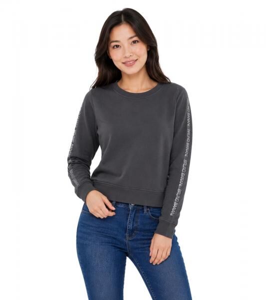 bruno banani Damen Rundhals-Pullover mit Marken-Schriftzug an &Auml;rmel verlaufend Baumwoll-Sweater Langarm-Shirt Anthrazit