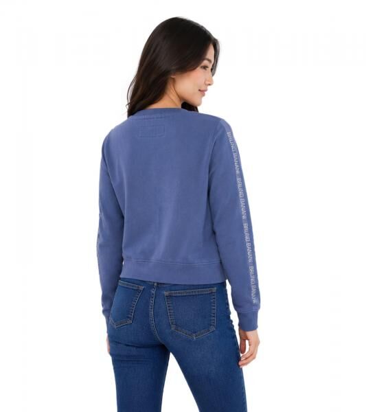 bruno banani Damen Rundhals-Pullover mit Marken-Schriftzug an &Auml;rmel verlaufend Baumwoll-Sweater Langarm-Shirt Blau