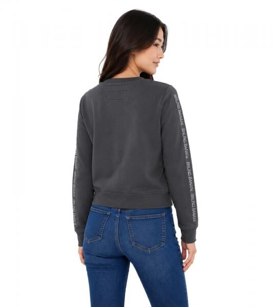bruno banani Damen Rundhals-Pullover mit Marken-Schriftzug an &Auml;rmel verlaufend Baumwoll-Sweater Langarm-Shirt Anthrazit