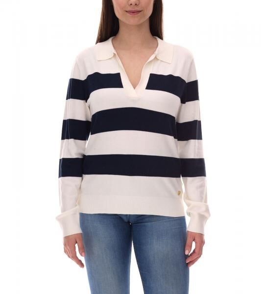 DELMAO Damen Sweatshirt gestreiftes Langarm-Shirt mit Polo-Kragen Longsleeve 40843715 Wei&szlig;/Navy