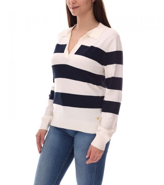 DELMAO Damen Sweatshirt gestreiftes Langarm-Shirt mit Polo-Kragen Longsleeve 40843715 Wei&szlig;/Navy