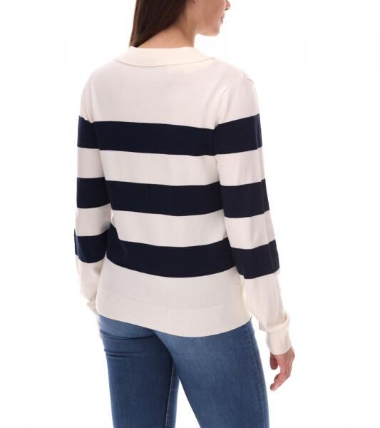 DELMAO Damen Sweatshirt gestreiftes Langarm-Shirt mit Polo-Kragen Longsleeve 40843715 Wei&szlig;/Navy