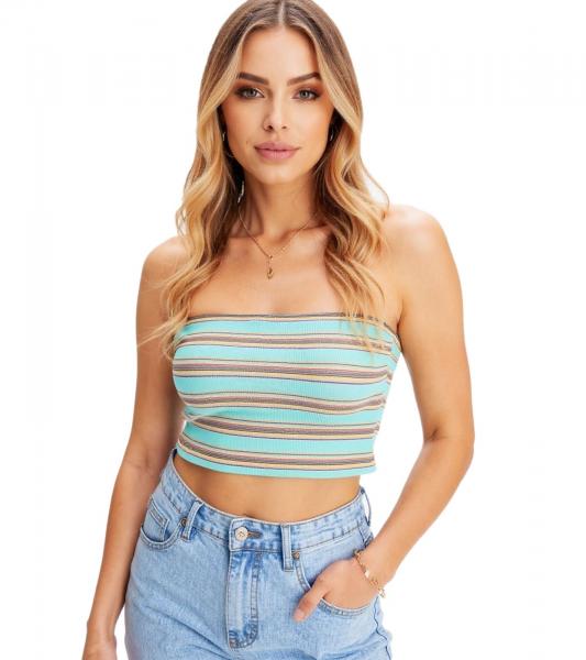 gestreiftes Damen Bandeau Sommer-Top geripptes Baumwoll-Shirt 947519 T&uuml;rkis