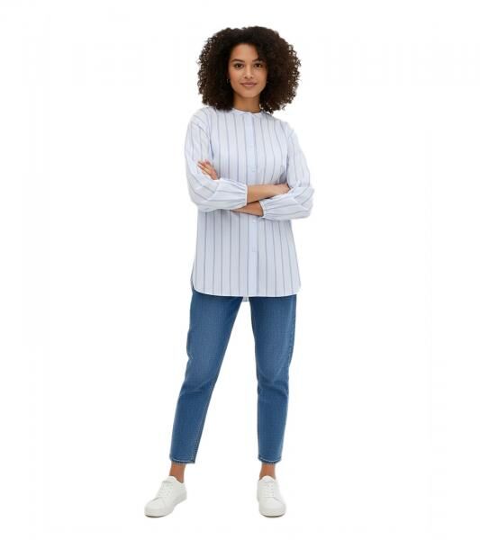 klassische Damen Bluse Popeline-Bluse aus reiner Baumwolle mit Stehkragen Langarm-Shirt 979642 Hellblau