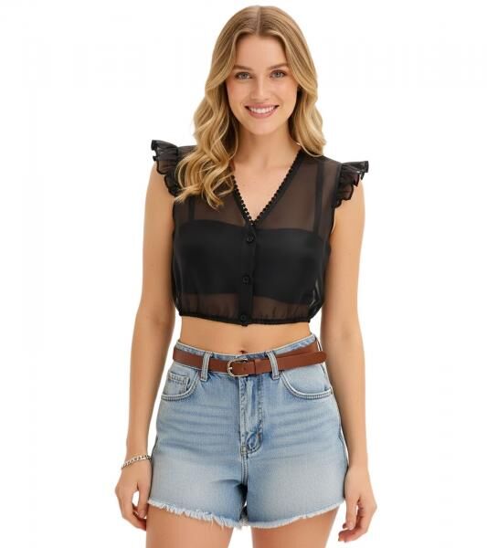 kurz&auml;rmlige Damen Bluse transparent mit Ballon-Saum und R&uuml;schen-&Auml;rmeln Sommer-Shirt 933930 Schwarz